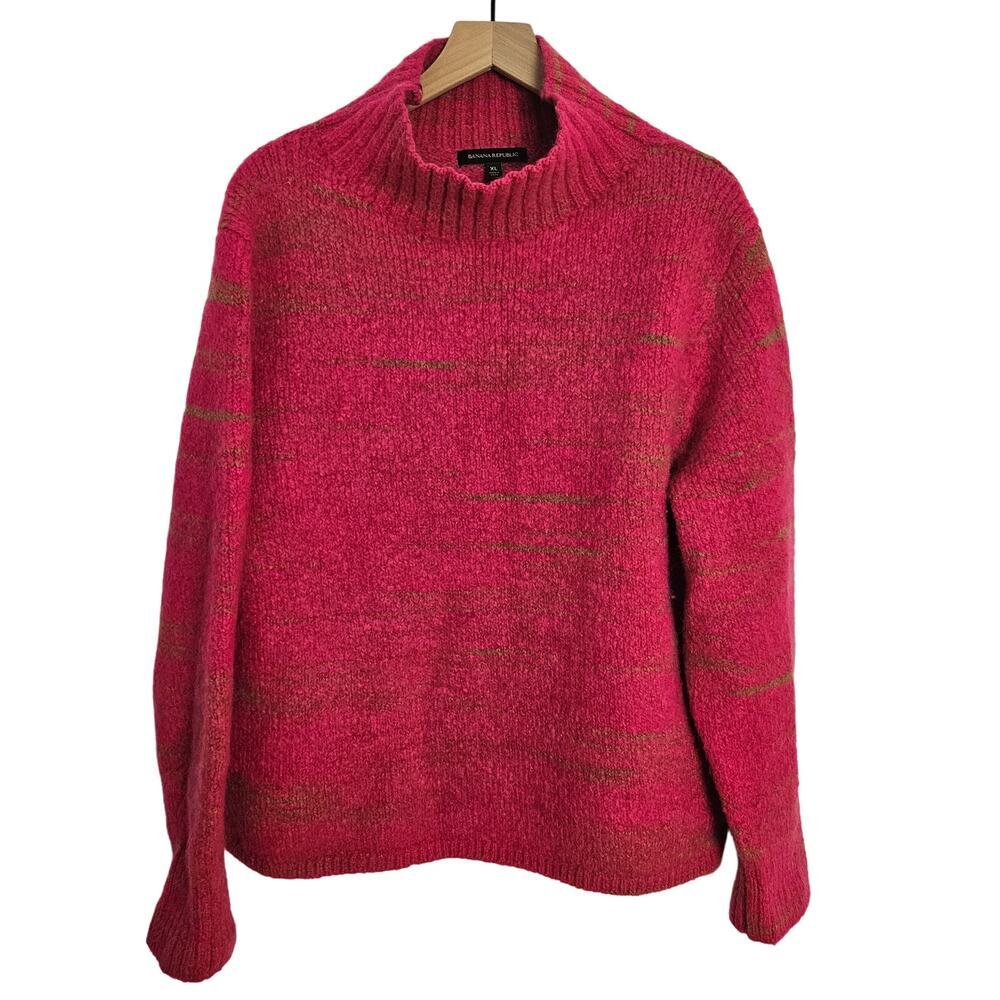Banana Republic Wool Blend Mock Neck Sweater Sz XL Marled Hot Pink Tan Stripe
